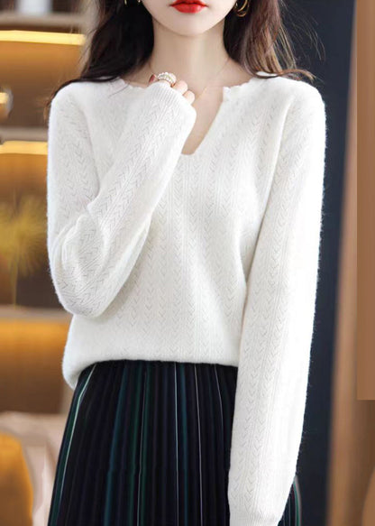 Simple White V Neck Ruffled Cotton Knit Sweaters Fall QP019