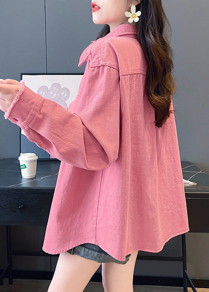 Casual Pink Peter Pan Collar Pockets Denim Shirts Coat Fall QX021