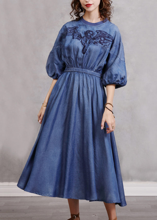 Vintage Blue Embroidered Elastic Waist Long Denim Dress Lantern Sleeve NN024