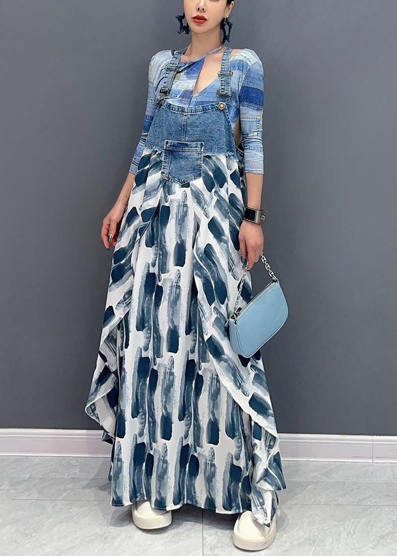 Art Blue Print Pockets Patchwork Long Dress Sleeveless AR1034