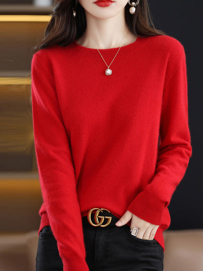 Women Autumn Solid Wool Knitted O-Neck Bottom Sweater CX058