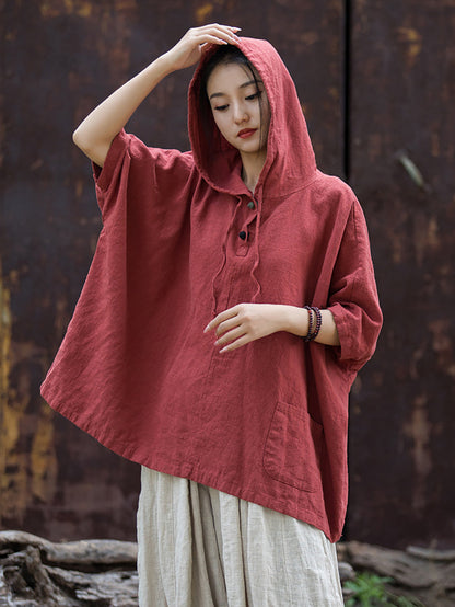 Women Summer Retro Solid Loose Hooded Ramie Shirt CC045