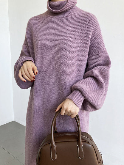 Urban Loose Purple High-Neck Long Puff Sleeve Sweater Dress AN1052