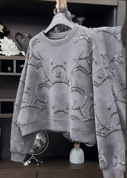 Fashion Grey O-Neck Sequins Sweatshirt Fall WD035