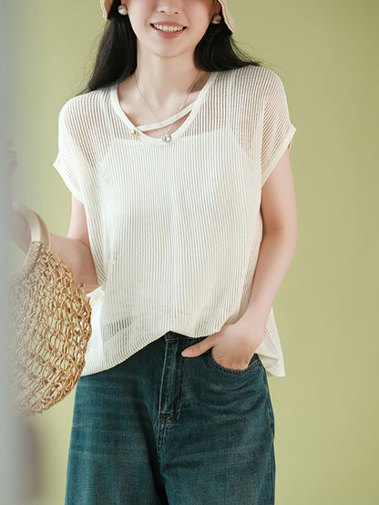 Women Summer Artsy O-Neck Solid Thin Shirt CX036