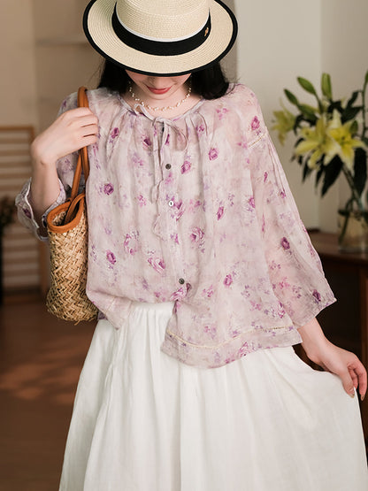 Women Summer Vintage Flower Button-Up Ramie Shirt RR1013