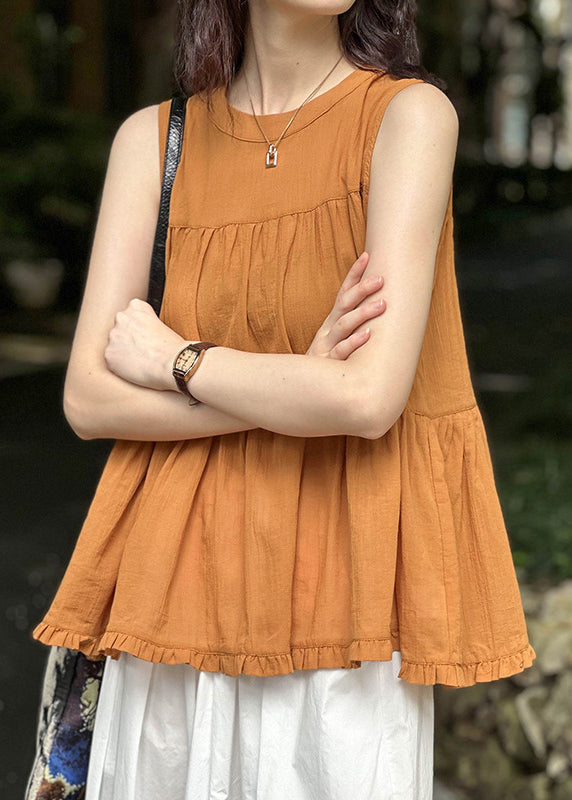 Loose Orange Wrinkled Lace Up Cotton Top Sleeveless AF1089