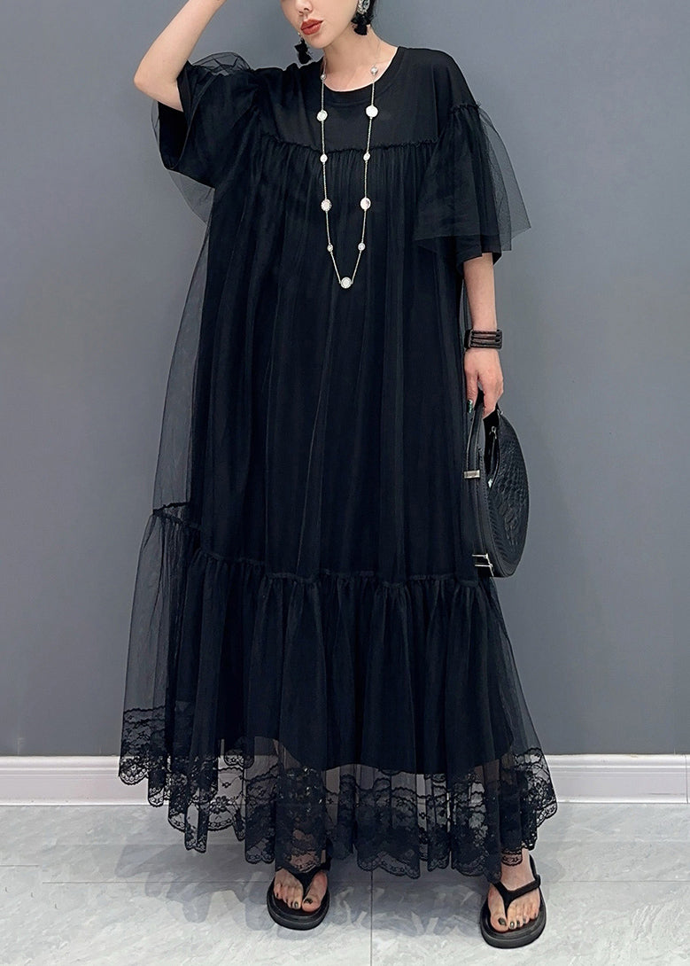 Plus Size Black O Neck Wrinkled Patchwork Tulle Dress Summer AO1070