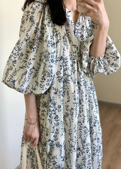 Elegant Button Print Tie Waist Cotton Long Dress Summer QP057