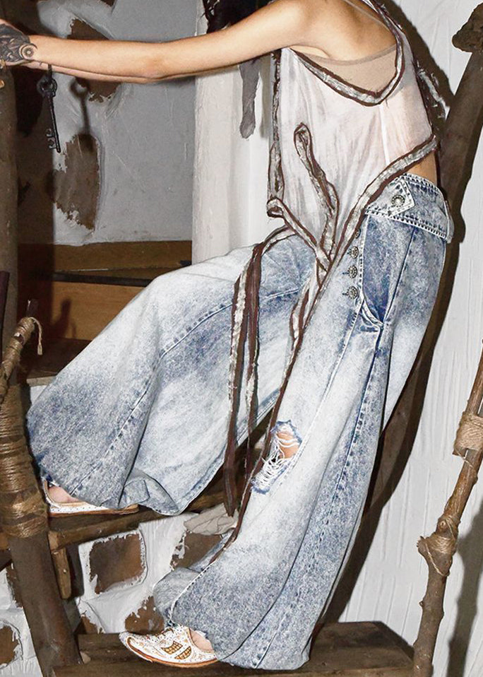 Hose Frühling Weites Blaues Bein Denim Style Leichte Taille Hoch Zerrissen 