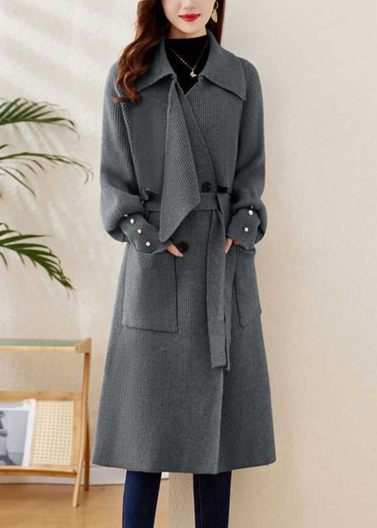 Elegant Grey Peter Pan Collar Tie Waist Knit Coats Winter WD028