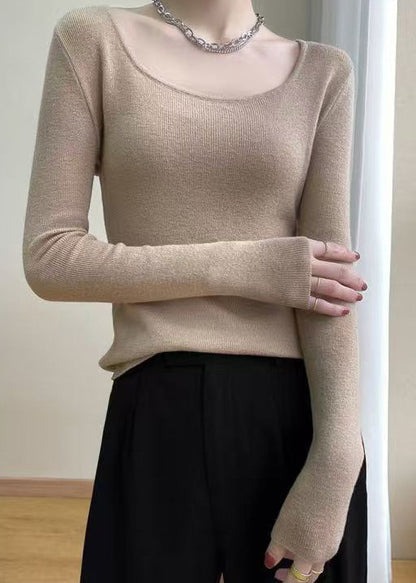 Slim Fit Light Camel O Neck Solid Wool Knit Top Fall QX026