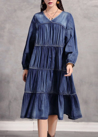 Casual Blue V Neck Wrinkled Patchwork Denim Long Dress Long Sleeve NN018