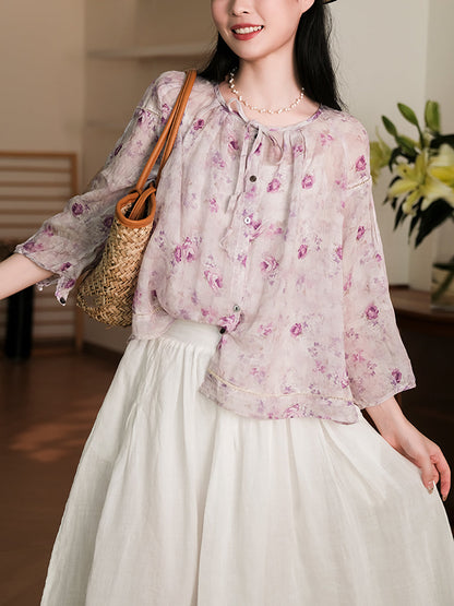 Women Summer Vintage Flower Button-Up Ramie Shirt RR1013