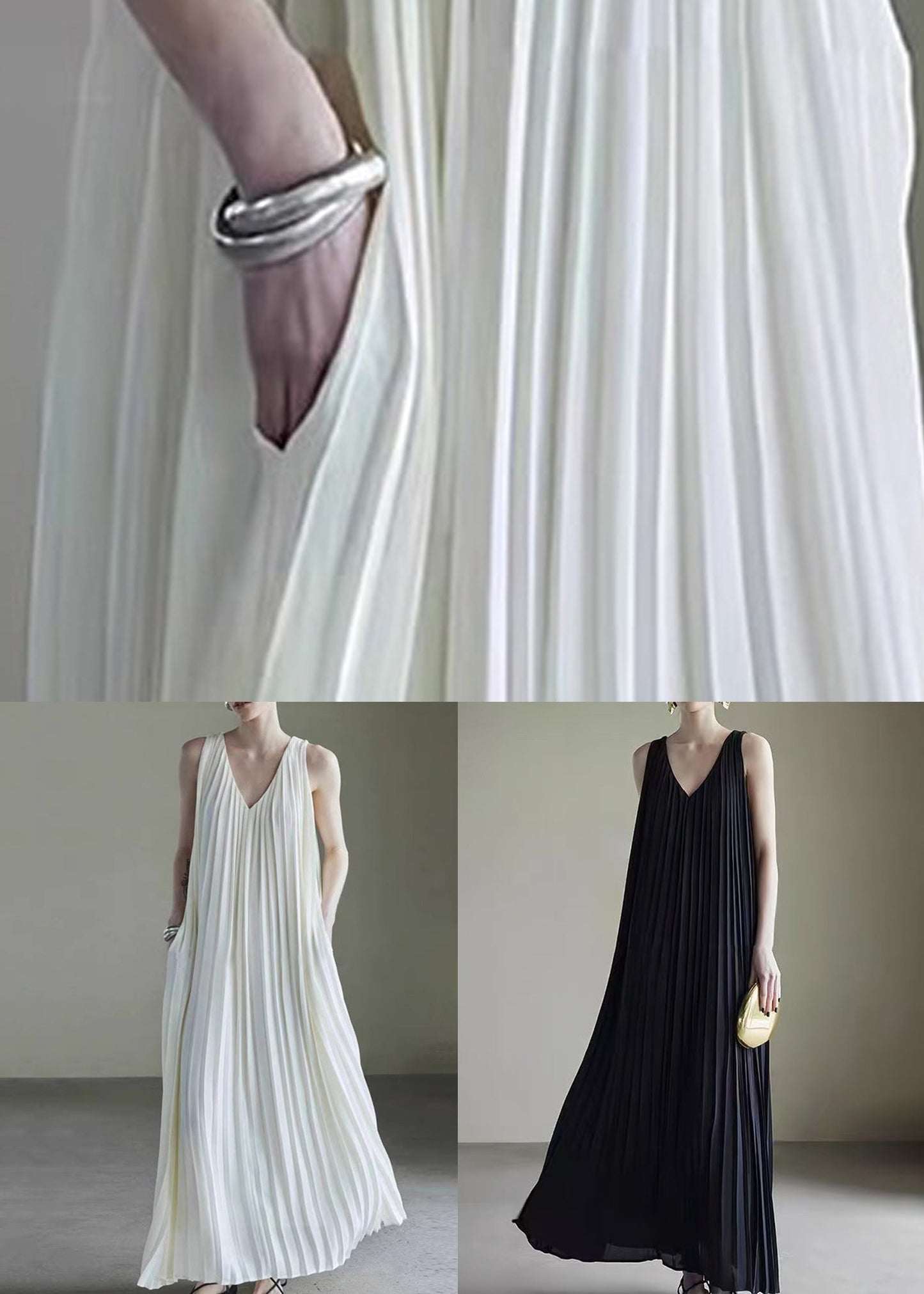 Wrinkled Summer Neck Chiffon Dresses V Long Pockets Black