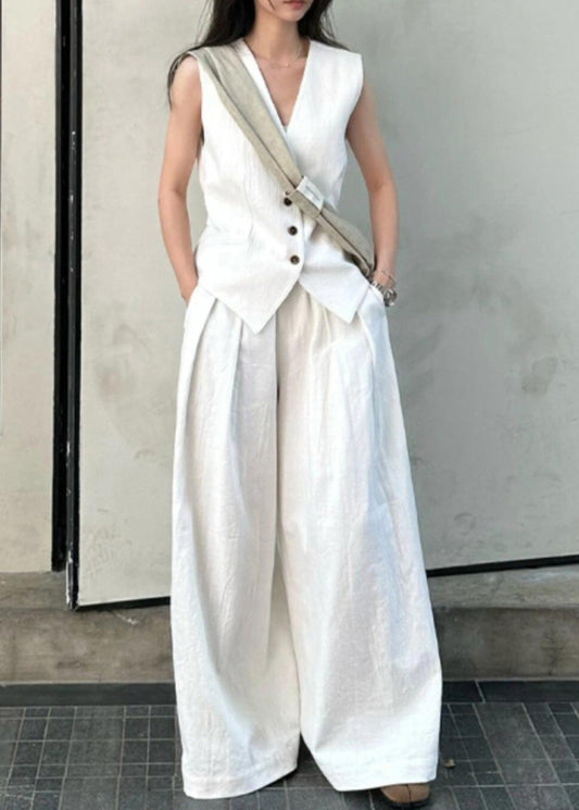 Vogue White V Neck Button Linen Waistcoat And Wide Leg Pants Two Piece Set Summer AN1030