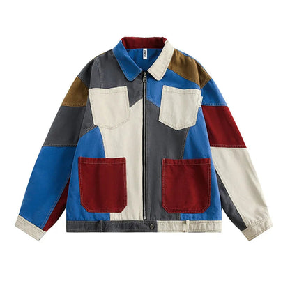 Art Lapel Blue Colorblock Long Sleeve Zip-up Denim Jacket TW017