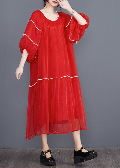 Red O-Neck Patchwork Holiday Dress Summer AJ1035