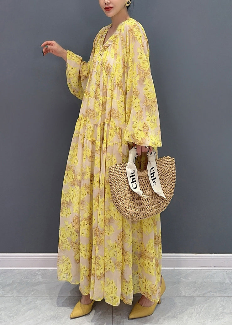 Plus Size Yellow V Neck Ruffled Print Chiffon Long Dresses Fall AO1069