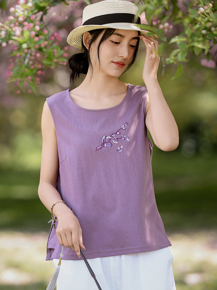 Women Summer Artsy Rmboidery O-Neck Cotton Vest PP1042