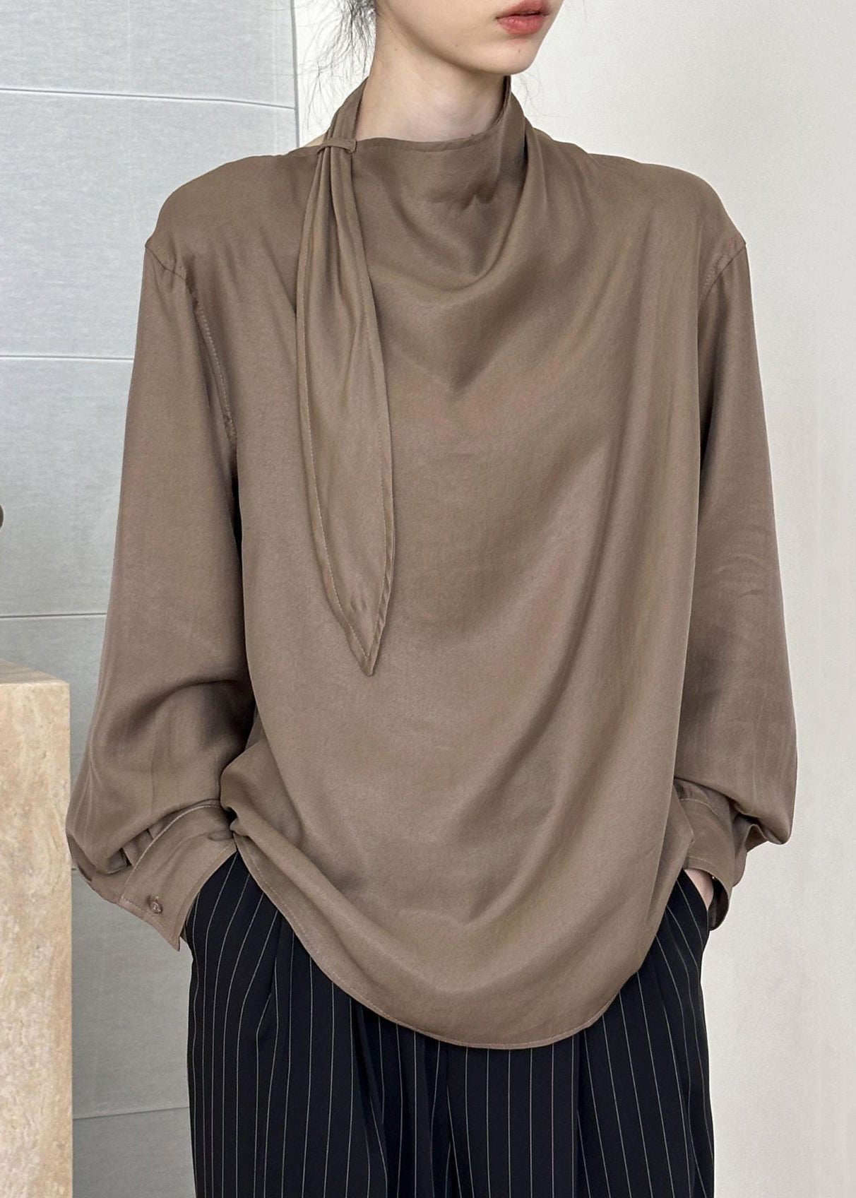 Coffee Solid Cotton Shirt Asymmetrical Fall AF1002