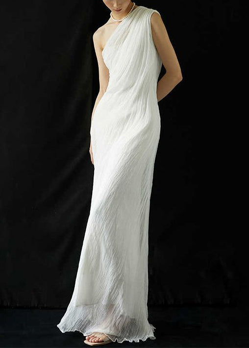 Wrinkled Solid Shoulder Dress Silk Cold Maxi Summer Art White