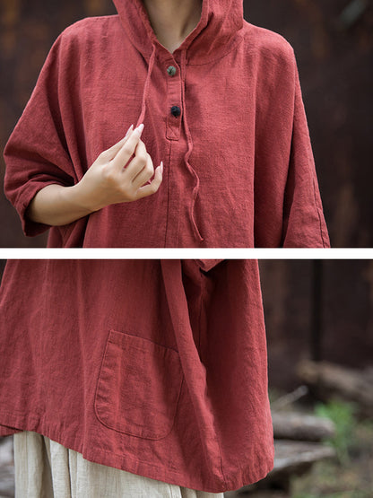 Women Summer Retro Solid Loose Hooded Ramie Shirt CC045