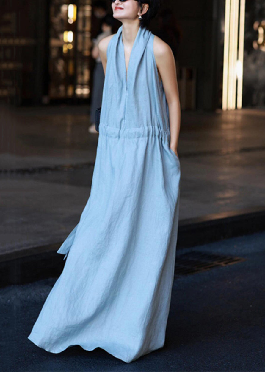 New Light Linen Solid Dresses Blue Robe Waist Tie Pockets