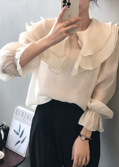 White Patchwork Thin Cotton Shirt Ruffled Long Sleeve AF1028