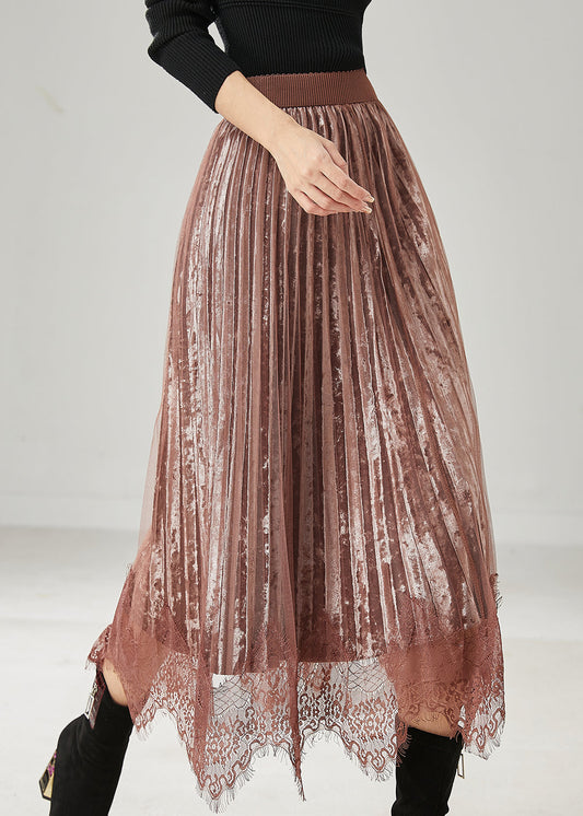 Modern Brown Patchwork Lace Silk Velvet Pleated Skirts Spring AZ1039