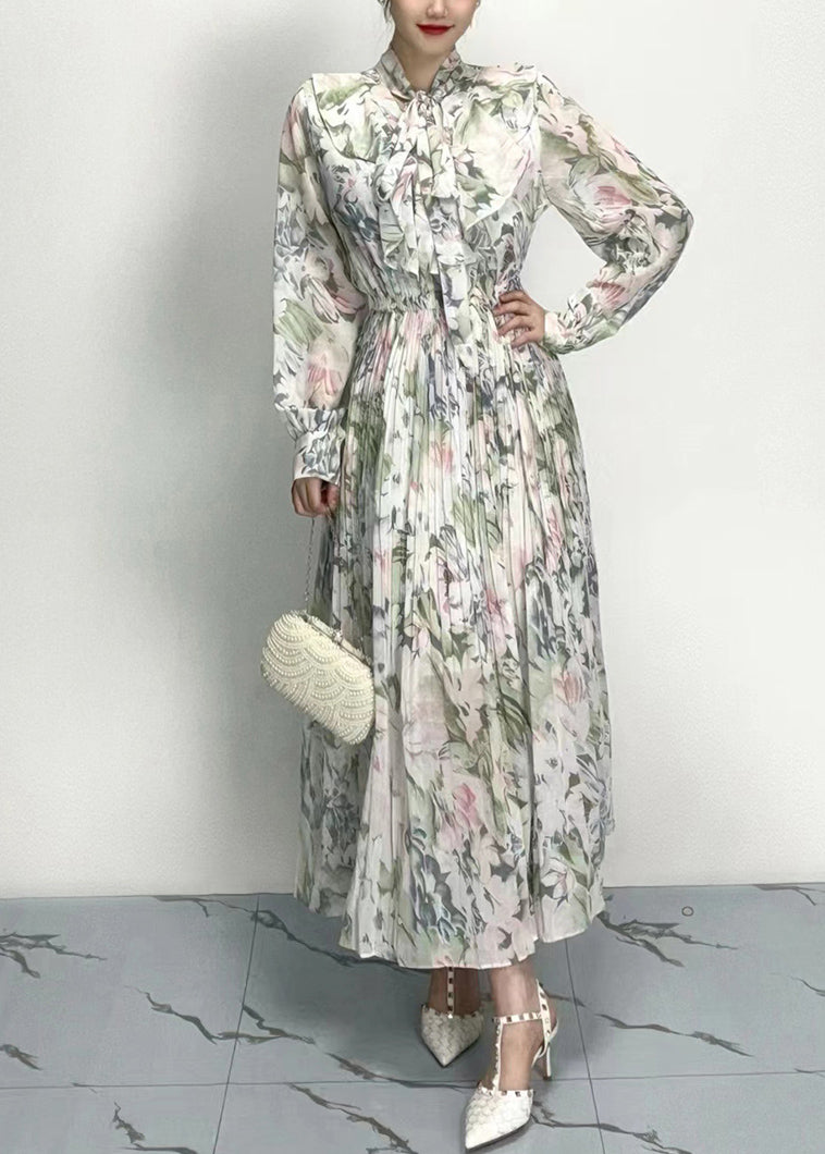 Classy Grey Bow Print Wrinkled Cotton Long Dresses Long Sleeve AO1011