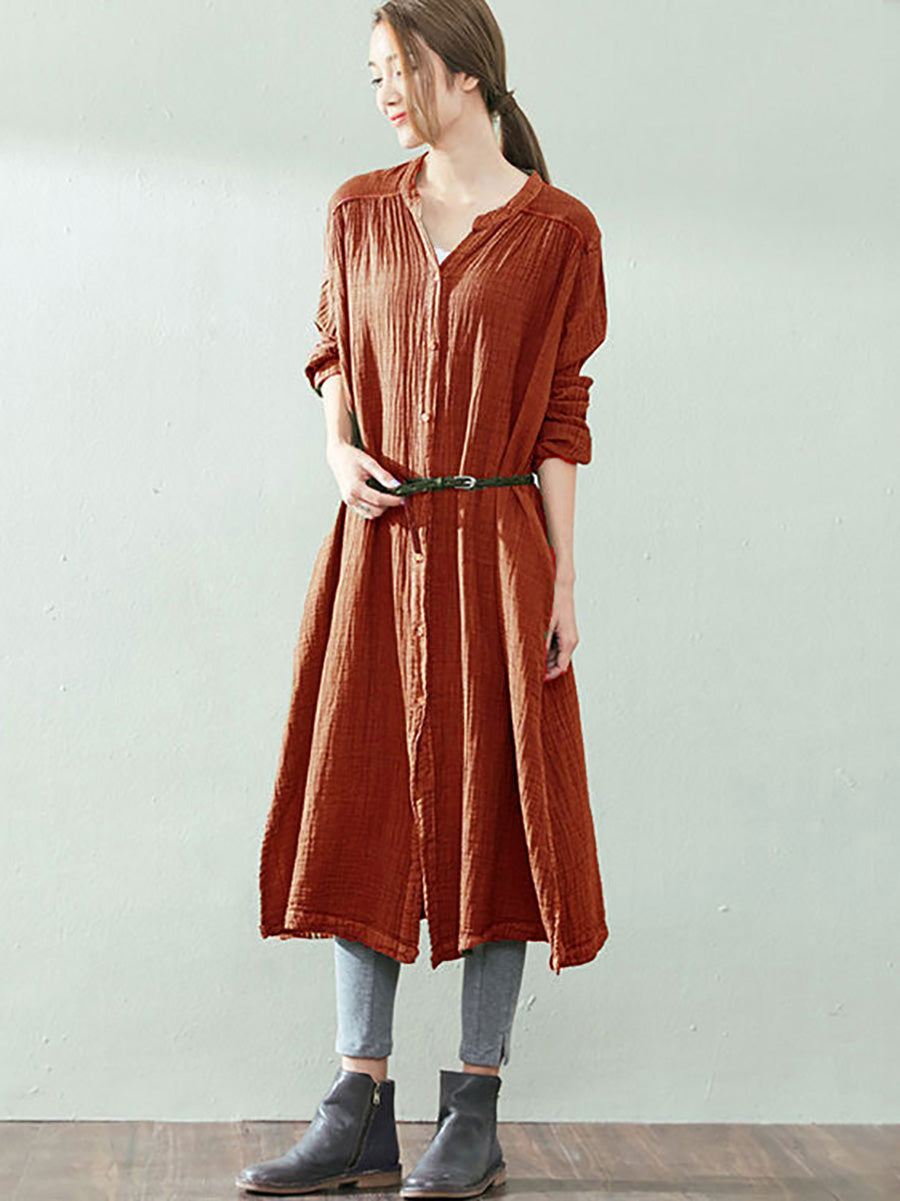 Plus Size Women Autumn Artsy Solid Button V-Neck Loose Dress AK1005