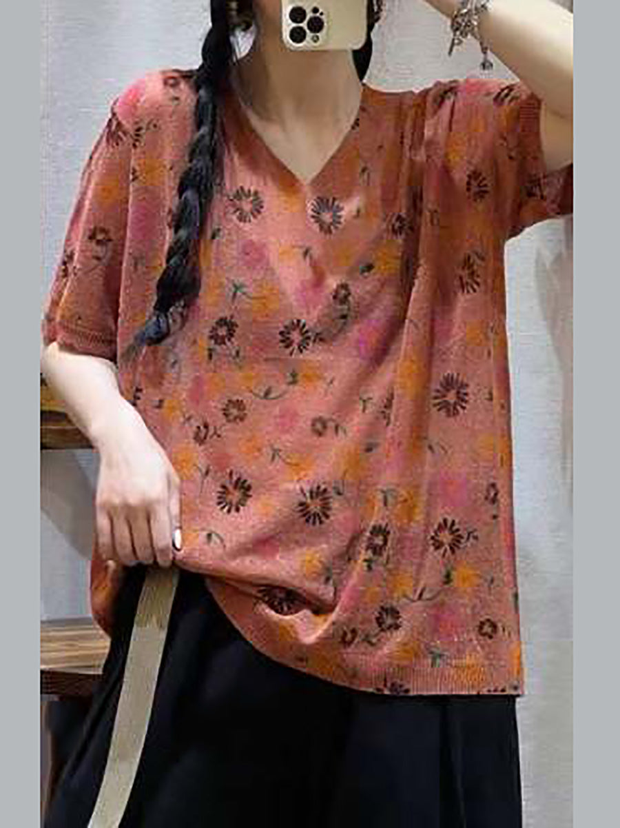 Women Casual Flower Summer V-Neck Loose Pullover Shirt QW1028