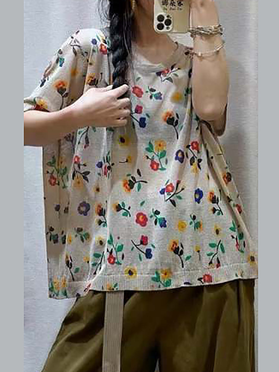 Women Casual Flower Summer Loose Pullover Shirt QW1027