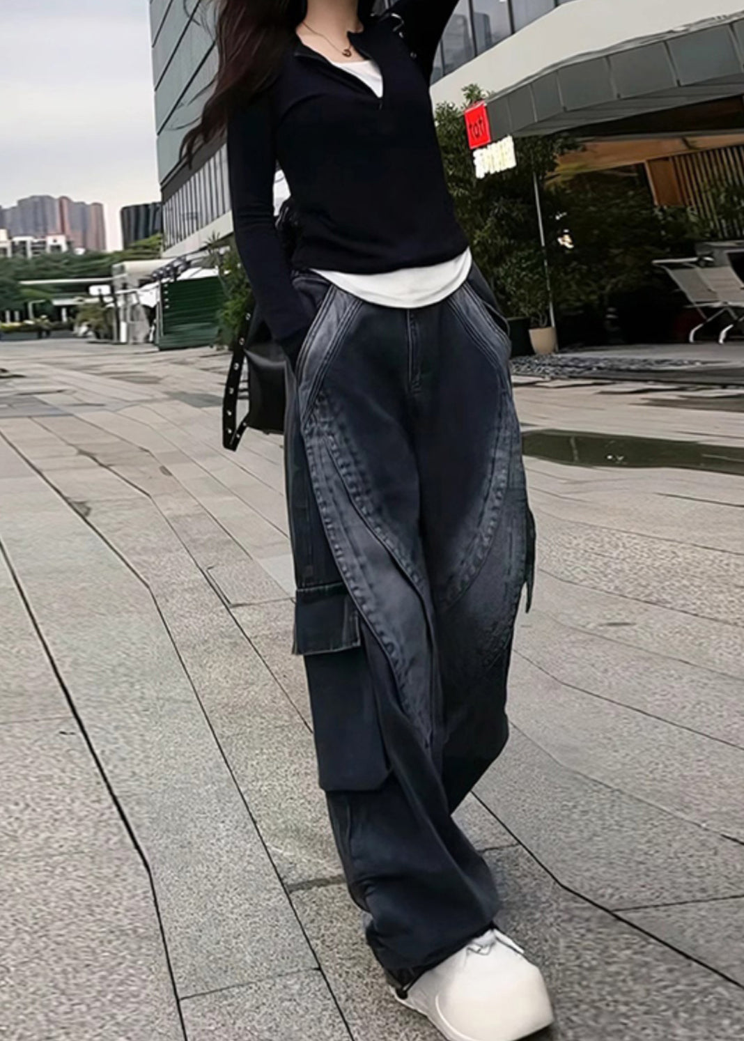 Mit Hose Schwarz Denim Classy Spring Taschen Übergroß 