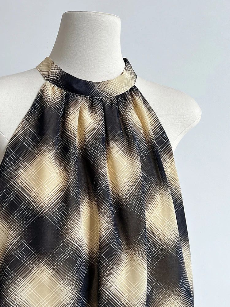 Asymmetrisches Khaki Plaid Neck Sleeveless Top High-Low Uniaue Halter 