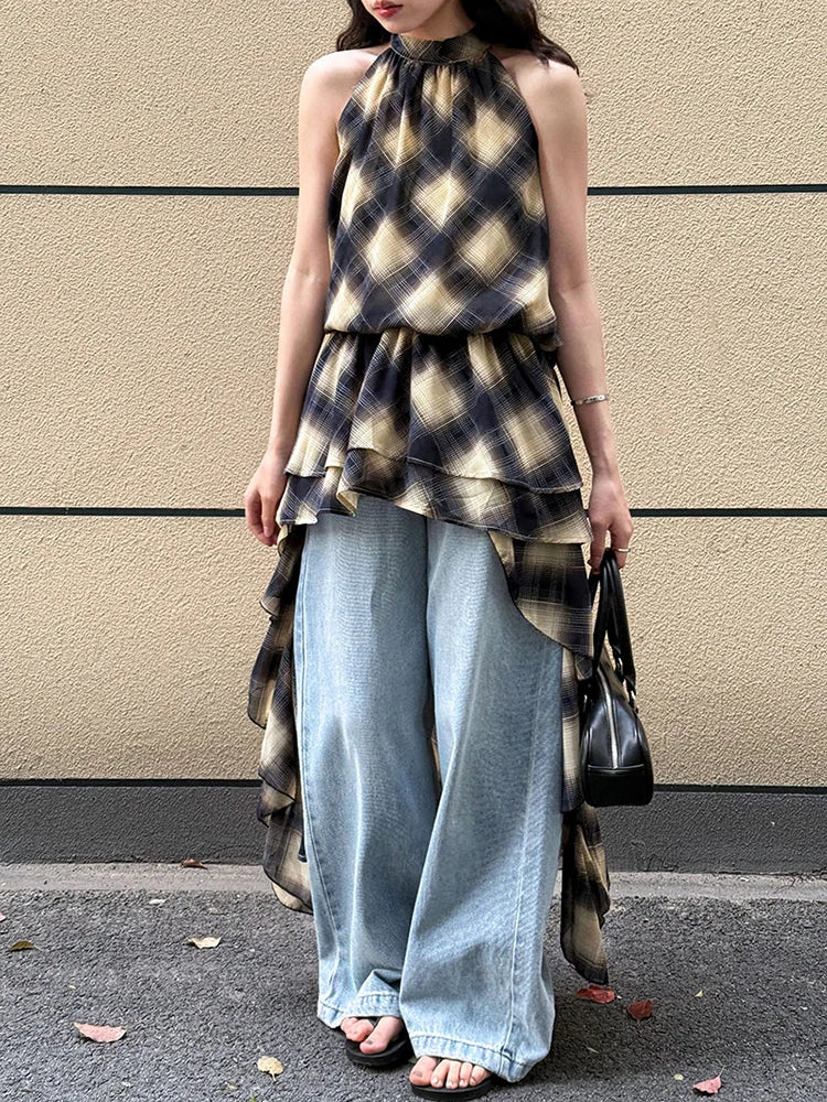 Asymmetrisches Khaki Plaid Neck Sleeveless Top High-Low Uniaue Halter 