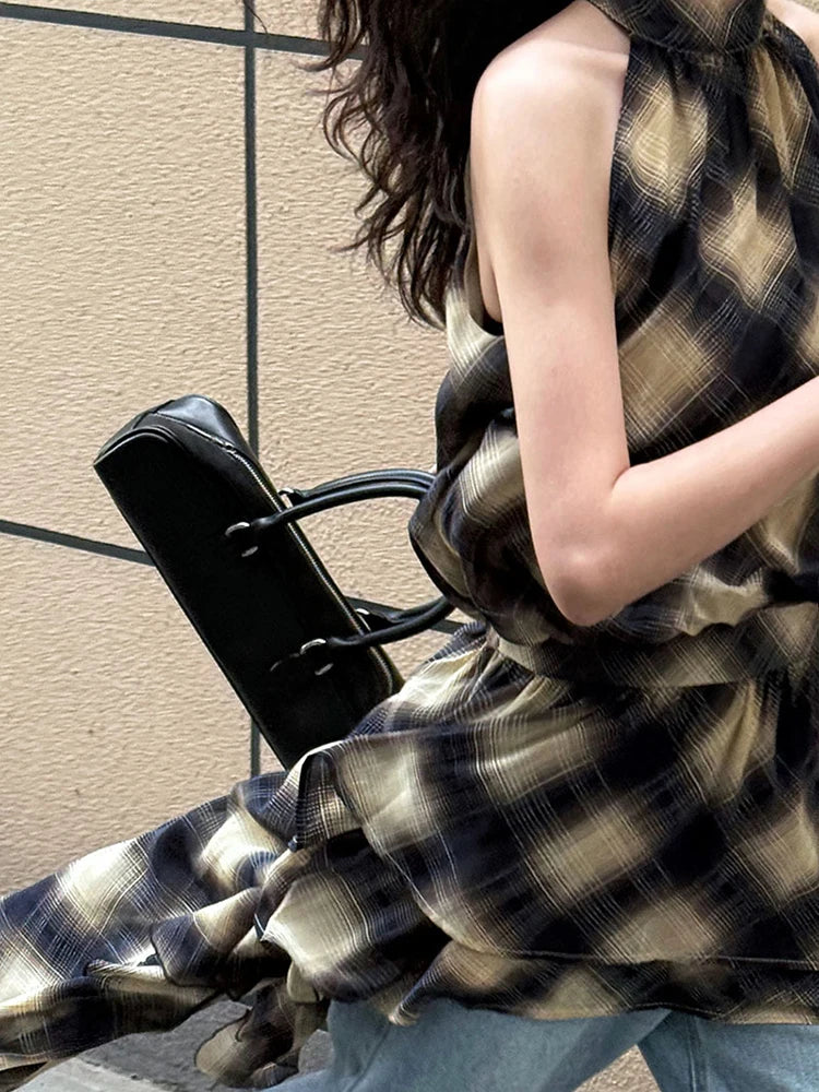 Asymmetrisches Khaki Plaid Neck Sleeveless Top High-Low Uniaue Halter 
