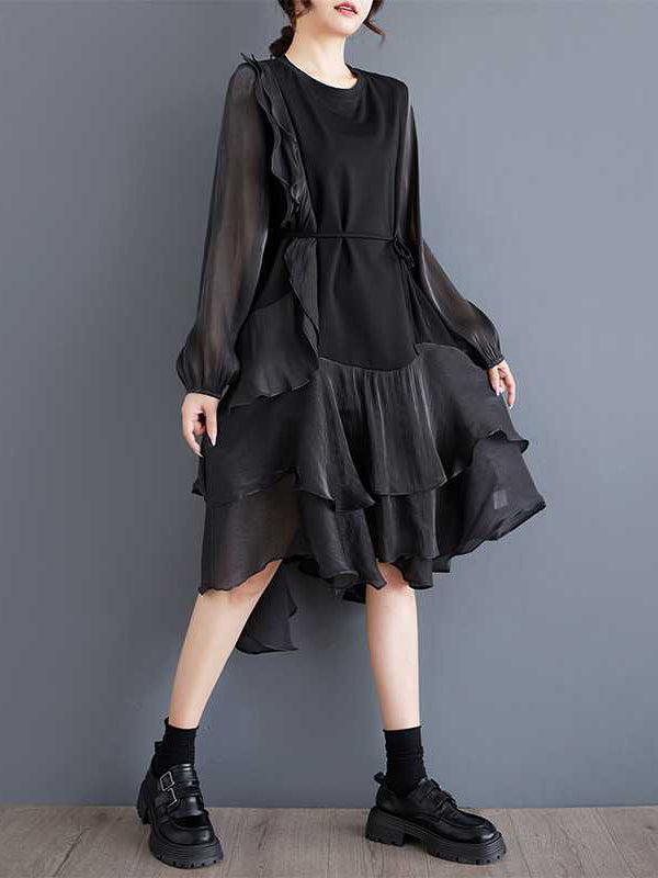 Schickes schwarzes Patchwork-Kleid mit Rundhalsausschnitt, kontrastfarbenem Rüschenbesatz und High-Low-Langarm TW019 