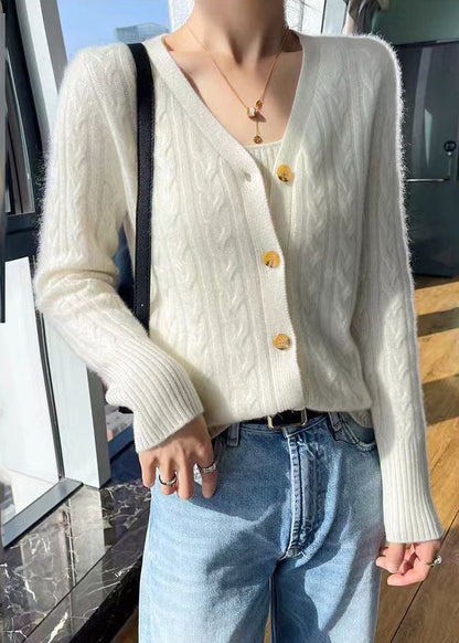 Italian Pink V Neck Solid Cable Wool Knit Cardigans Fall QP015