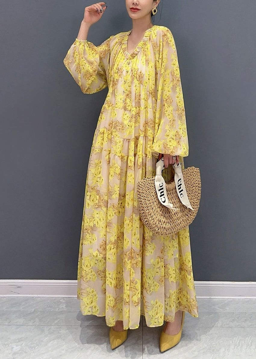 Plus Size Yellow V Neck Ruffled Print Chiffon Long Dresses Fall AO1069