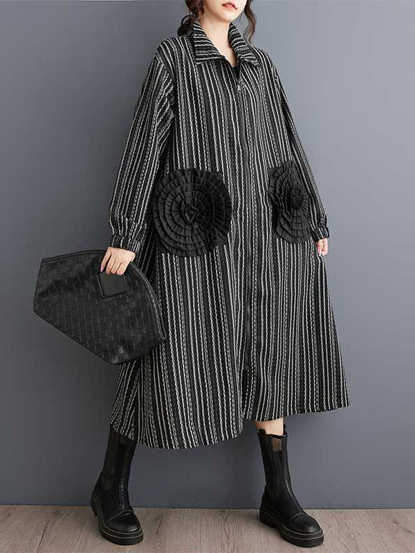 Design Black Lapel Flower Pockets Striped Long Sleeves Zip-up Dress WS010