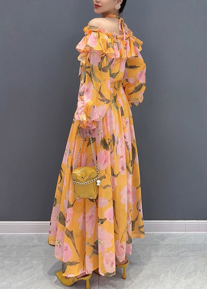 Women Orange Slash Neck Cold Shoulder Patchwork Long Dress Long Sleeve AO1024