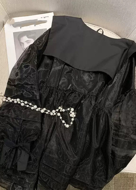 French Black Sleeve Neck V Tulle Long Patchwork Mid Dresses