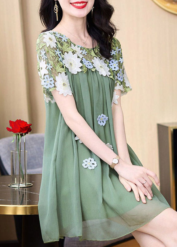 Boho Green O-Neck Embroidered Patchwork Tulle Mid Dresses Short Sleeve AZ1018