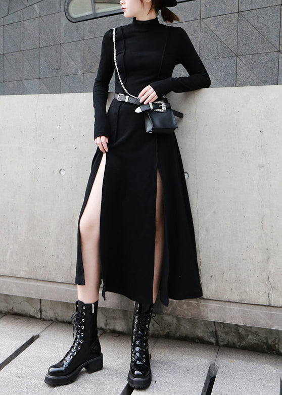 Cotton Open High Dresses Waist Spring Side Long Black