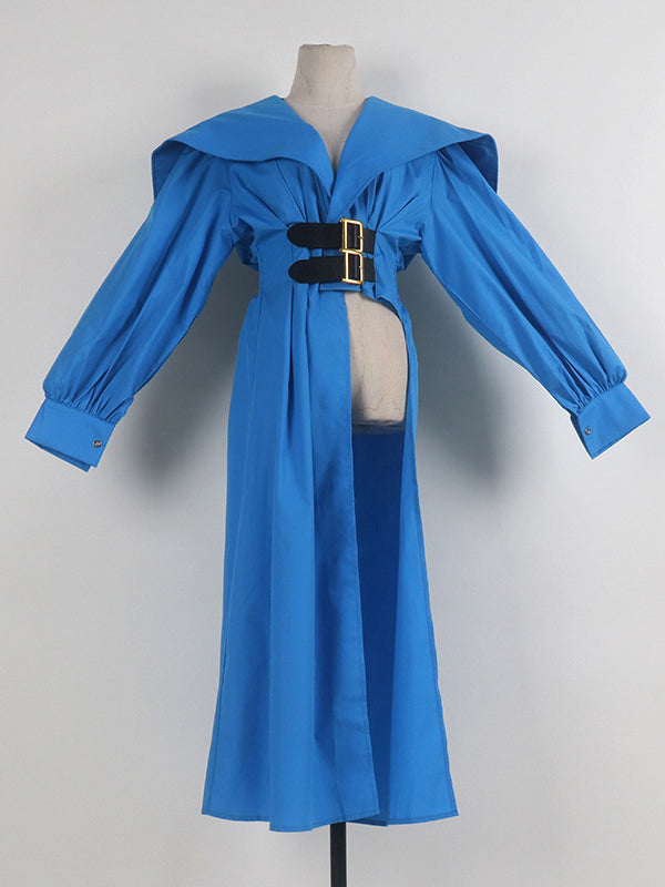 Pleated Black Asymmetric Lapel Waisted Long High Modern Belted