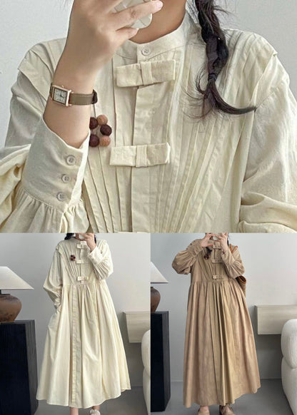 Khaki Pockets Solid Cotton Dresses Stand Collar Spring NN006