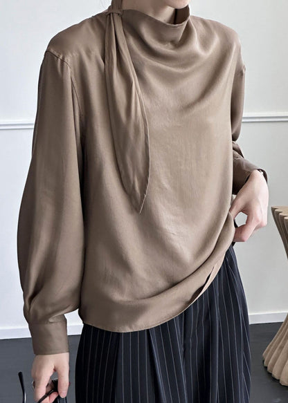 Coffee Solid Cotton Shirt Asymmetrical Fall AF1002