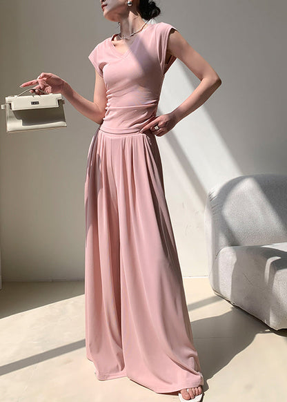 Women Pink Pockets Elastic Waist Cotton Wide Leg Pants Summer EE059